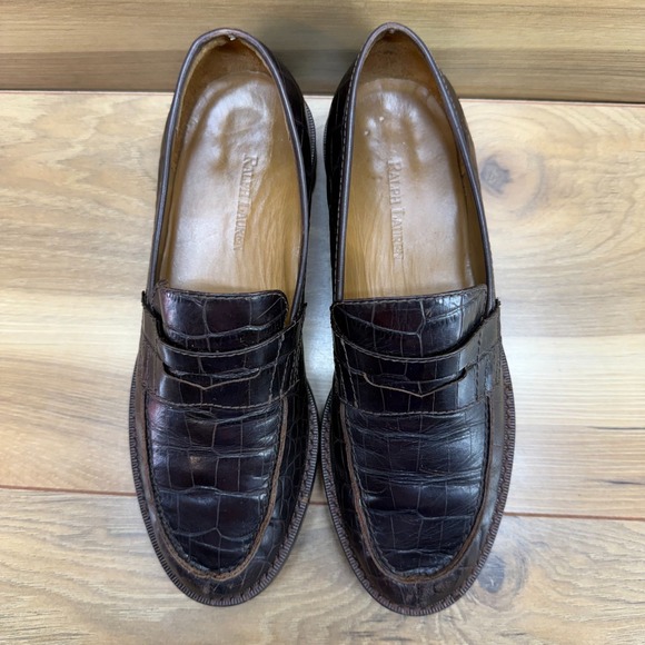 Ralph Lauren Shoes - Ralph Lauren Vintage Penny Loafers Croc Womens 5.5 B Dark Brown Leather Lug Sole